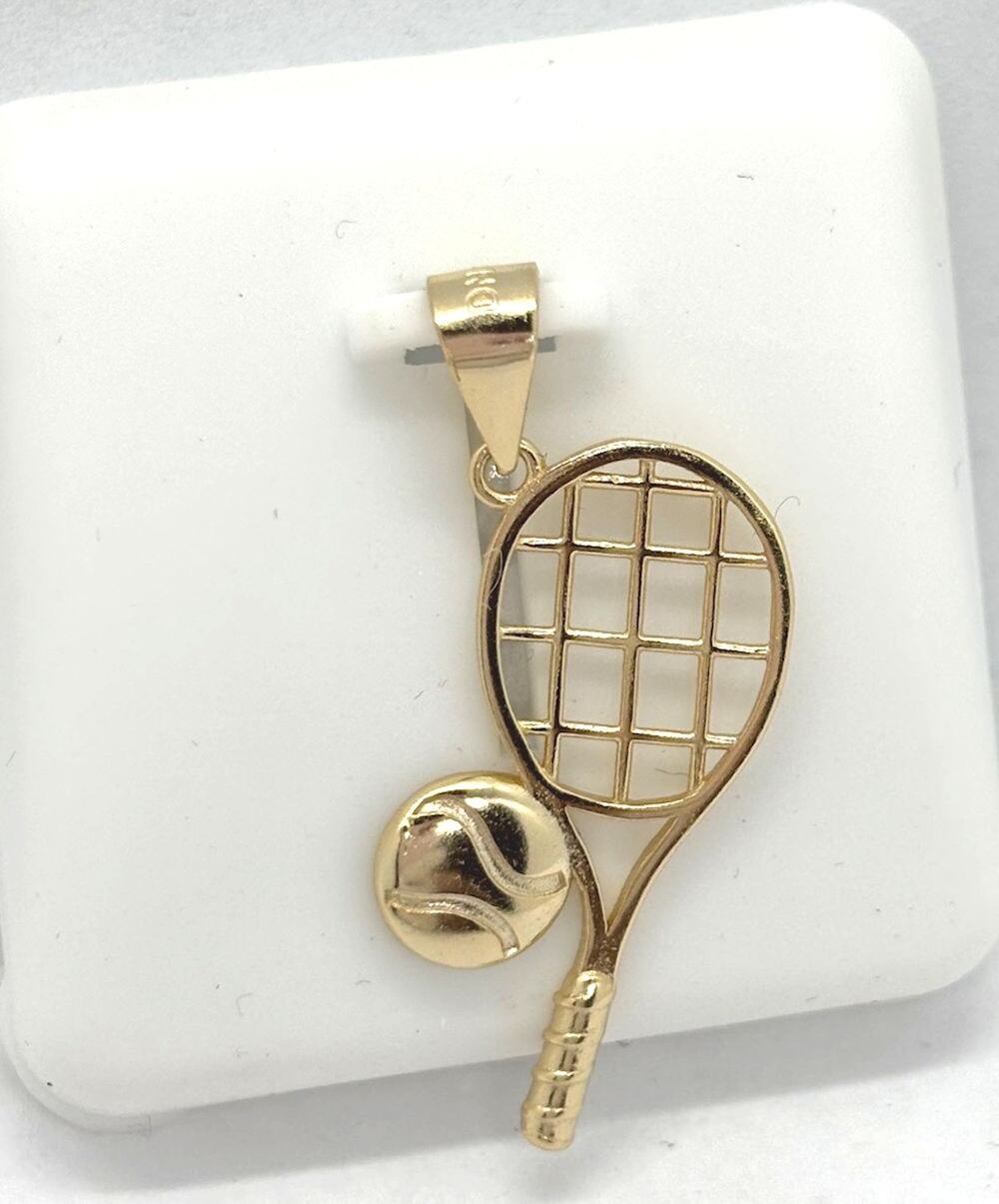 925 Sterling Silver Gold Plated Tennis Racket & Ball Pendant 30mm